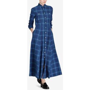 Polo Ralph Lauren Blue Plaid 100% Cotton Maxi Shirt Dress M Western Quiet Luxury
